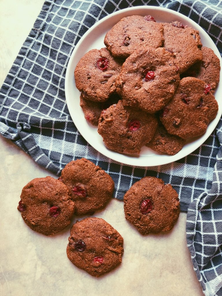 dark chocolate cranberry pecan cookies made with almond flour