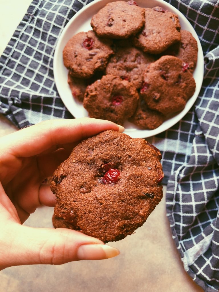 dark chocolate cranberry pecan cookies made with almond flour