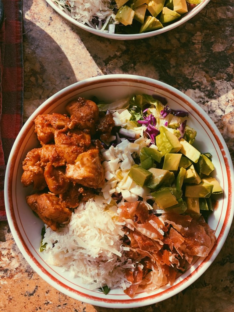 figgy pan-fried chicken and prosciutto with salad