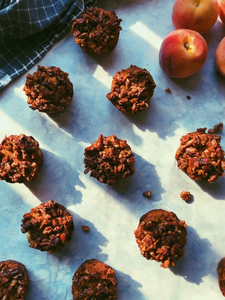 peach honey-pecan muffins (grain free, coconut flour)
