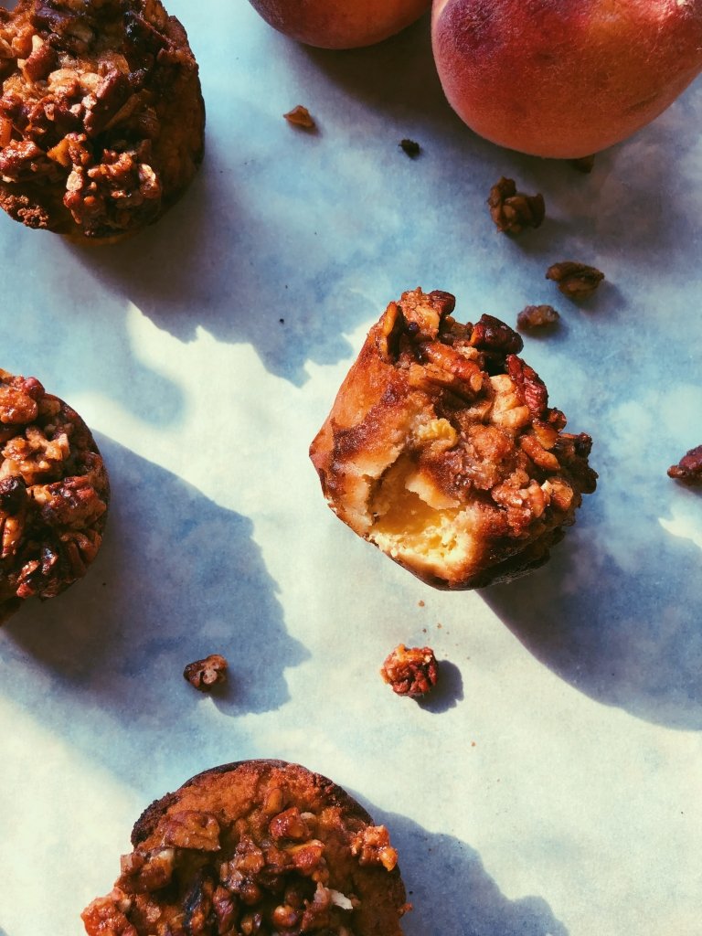 peach honey-pecan muffins (grain free, coconut flour)