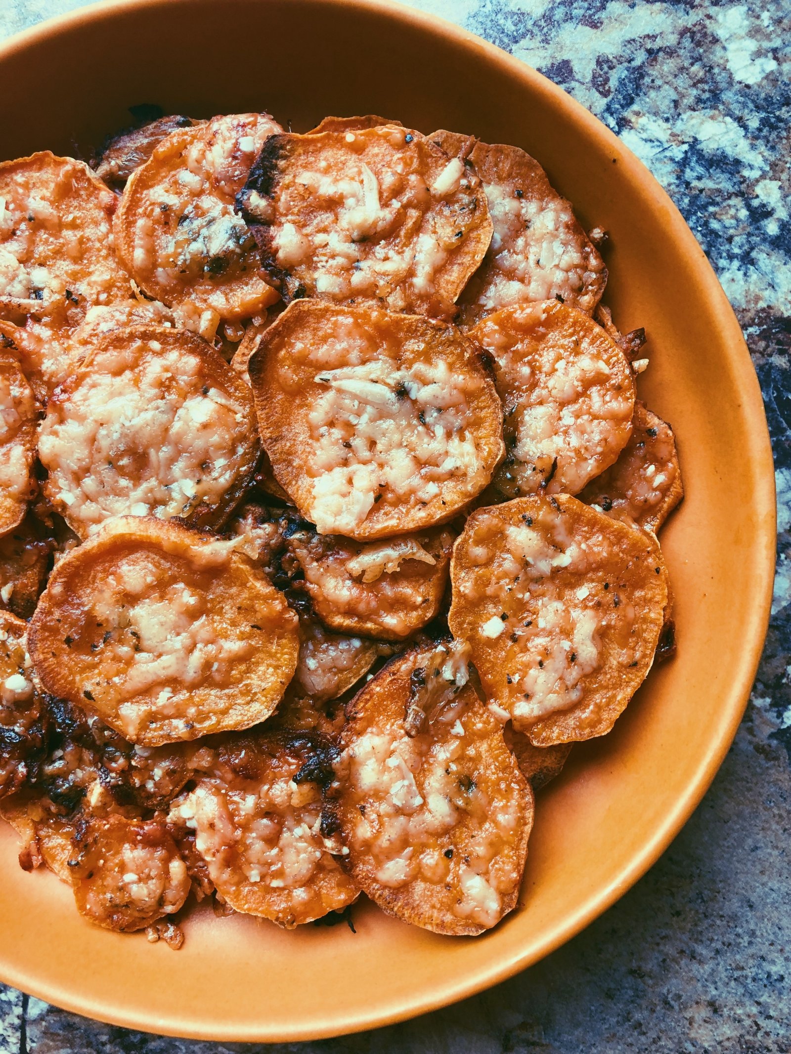 sweet potato parmesan crisps with garlic butter