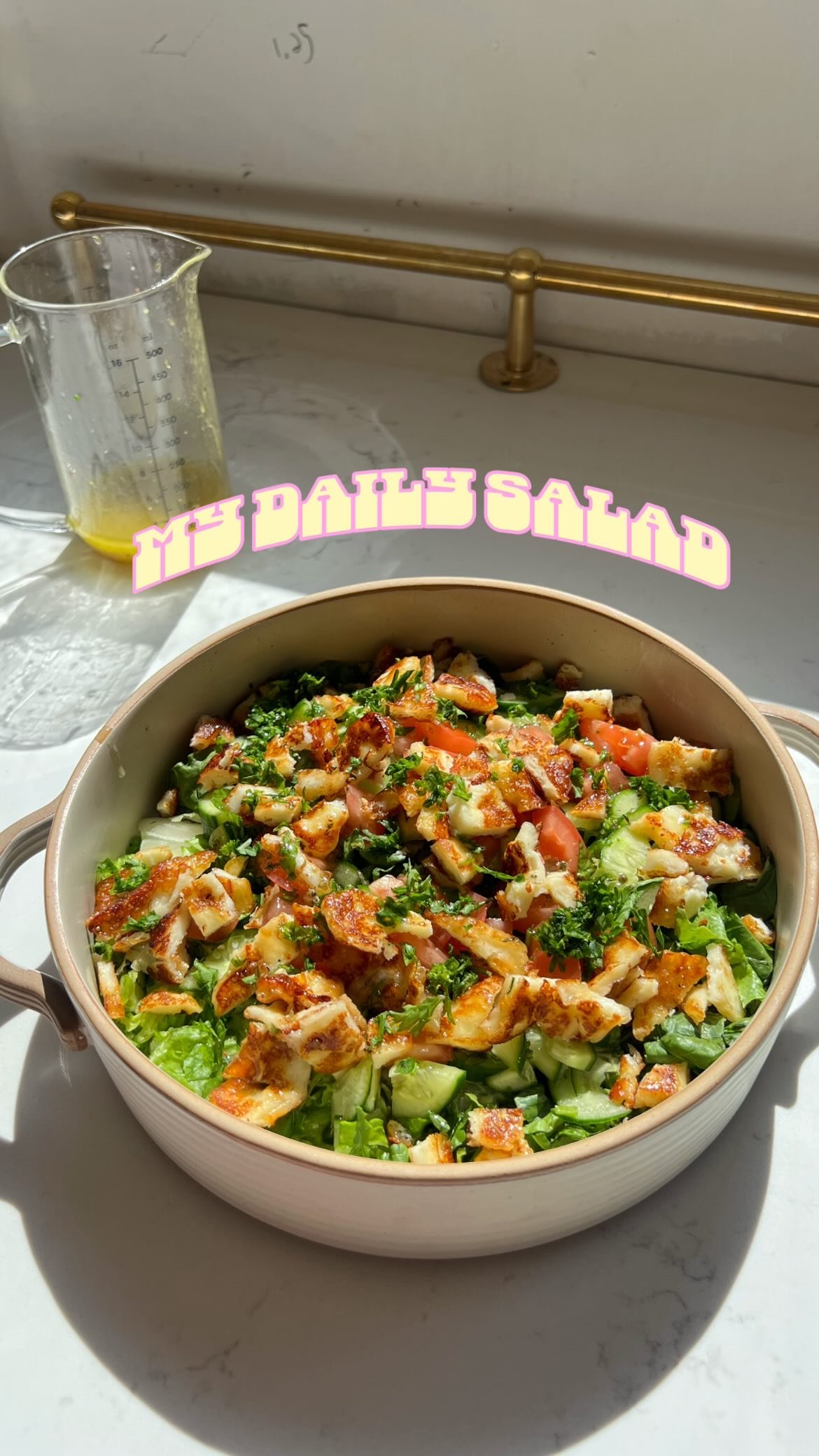 my daily salad ep. 24 |

welcome back to my daily salad where i show you the realistic salads im making for my family ✌️🥗and they actually eat them ✌️

but maybe that’s just cuz i load it w fried cheese whenever possible 🤨this is a fried halloumi crouton salad in which the “croutons” are actually fried halloumi (in a litttleee bit of honey too ofc) chopped into bite size pieces, alongside cucumber and tomato and romaine lettuce. so simple but it’s so satisfying especially once you add a little bit of homemade vinaigrette. i do approx 1/4 cup of extra virgin olive oil, 1 lemon, 1/2 tsp salt & dried oregano, 1 tbsp dijon, 1 tbsp honey and sometimes a tbsp of apple cider vinegar too (roughly, you can’t rly go wrong w eyeballing this). 

follow @earth.to.rose for more salad inspo 🥗💞

salad bowl • healthy eating • salad ideas • salad inspo • salad recipe
