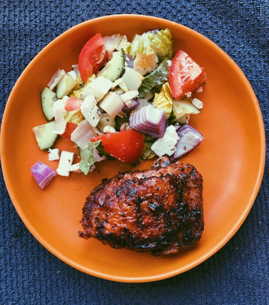 lemon garlic butter pan fried chicken thighs with greek salad