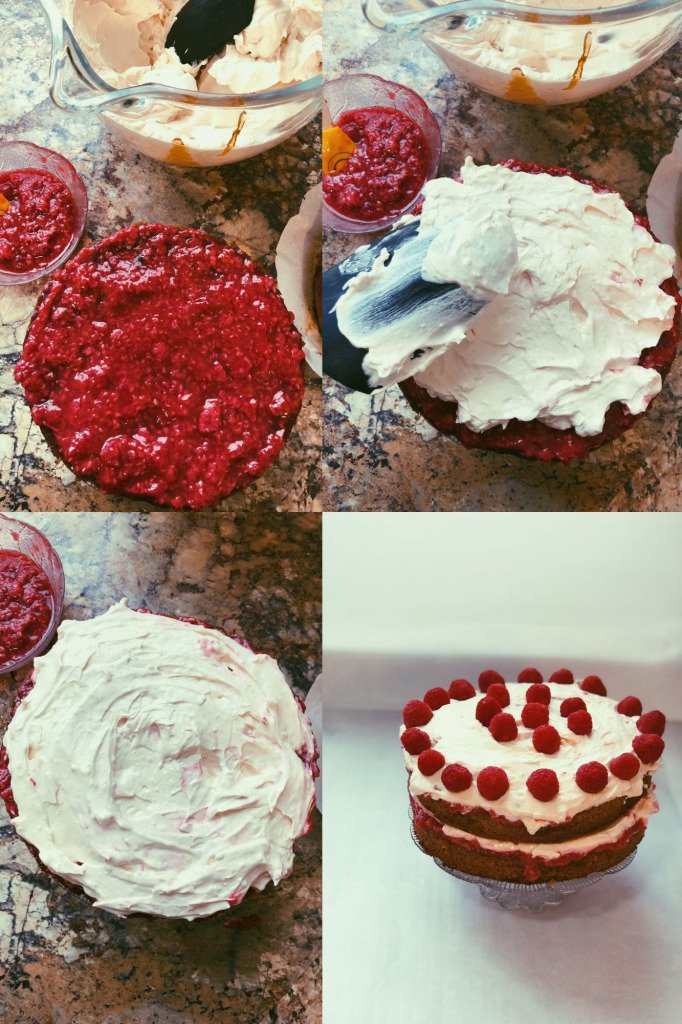 raspberry jam infused cake with honey meringue frosting