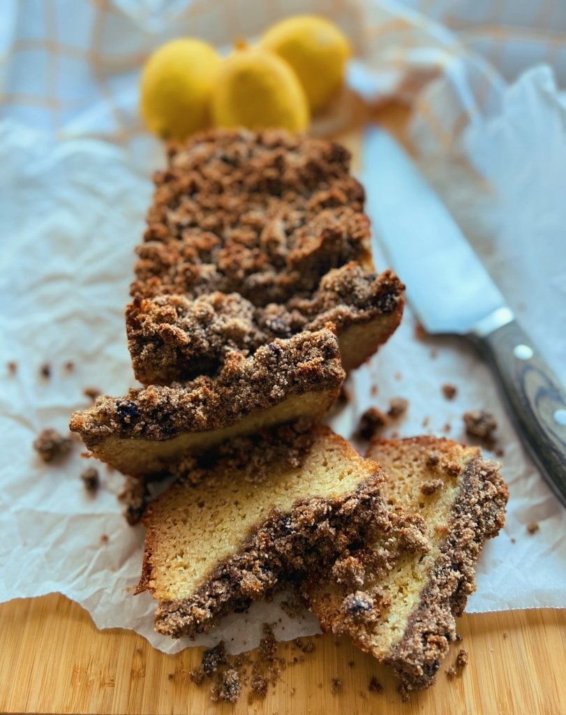 lemon olive oil loaf with blueberry cinnamon streusel (grain free, refined sugar free, scd diet)