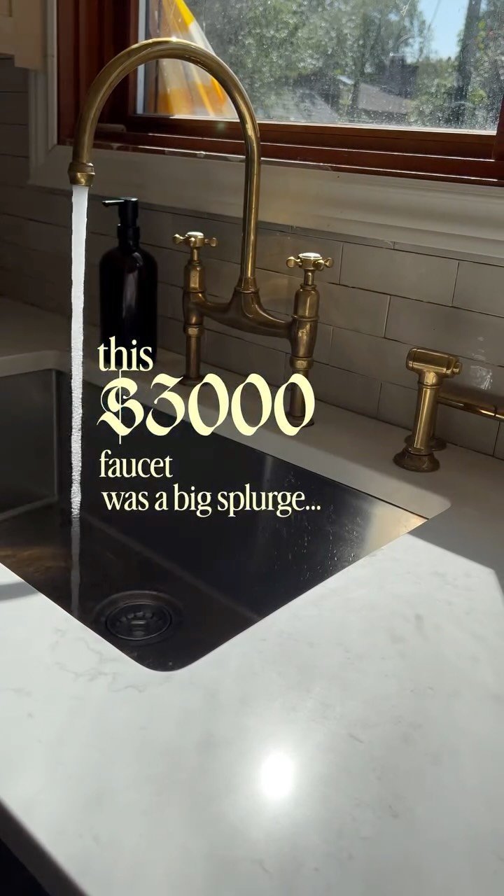 i have ZEROOO regrets for splurging on this faucet for our kitchen reno. and let me tell you why:

1. i have a small kitchen. the materials etc could only cost so much - there’s just not a lot of square footage to cover so that means the cost for materials will reflect that. that being said, i chose high quality materials with the understanding that while ill pay more, i still wont be paying THAT much becuz the space isthe space. also, i didnt pay for labour cuz my partner did it all ;) 
2. i saw this a lot when i was researching faucets and i hate to say it but “the FaUcEt iS tHe JeWeLrY oF tHe KiTcHeN” OKKKK and it’s actually so true. first of all, we have a serving window which when open, makes the faucet and sink visible from the living room and dining room. i like to leave it open (when the kitchen is clean lol. when its dirty we can SHUT THAT SHIT), and this means i get to stare at my beautiful faucet all day. cuz i also work from home so i literally do see it all day.
3. THIS IS MY FAUCET FOR LIFE (and i will take it w me if i move). I touch it a millions time a day. the kitchen is my domain. im a grown-up. im not renovating my kitchen again for awhile lol (this is real life, so for all i know this could be the ONLY kitchen reno i do in this house). for an ‘appliance’ you use every day, all the time, why not have it one that you absolutely loveeee?? i mean the cost per use is literally pennies. 
4. this is a high-end faucet. i didn’t buy an unlacquered brass faucet off etsy (although i almost did, i did a TONNN of research). my faucet is from deVOL and its made by perrin & rowe. they are a premium brand that creates luxury finishes. i didn’t splurge in every part of my kitchen, but the luxury faucet REALLY does make the whole kitchen look more ..welll..luxurious. 
5. this faucet literally ties the whole kitchen together. once i got it in my head i needed a faucet this style - i knew going into it i wanted a bridge faucet but i didnt know what type, colour etc - the rest of the kitchen design really came together WITH the faucet.

small kitchen renovation • unlacquered brass faucet • kitchen design ideas • small kitchen design • home re