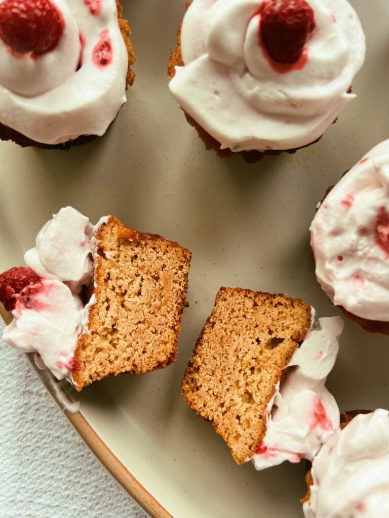 lemon cupcakes with raspberry meringue topping (grain free & refined sugar free)