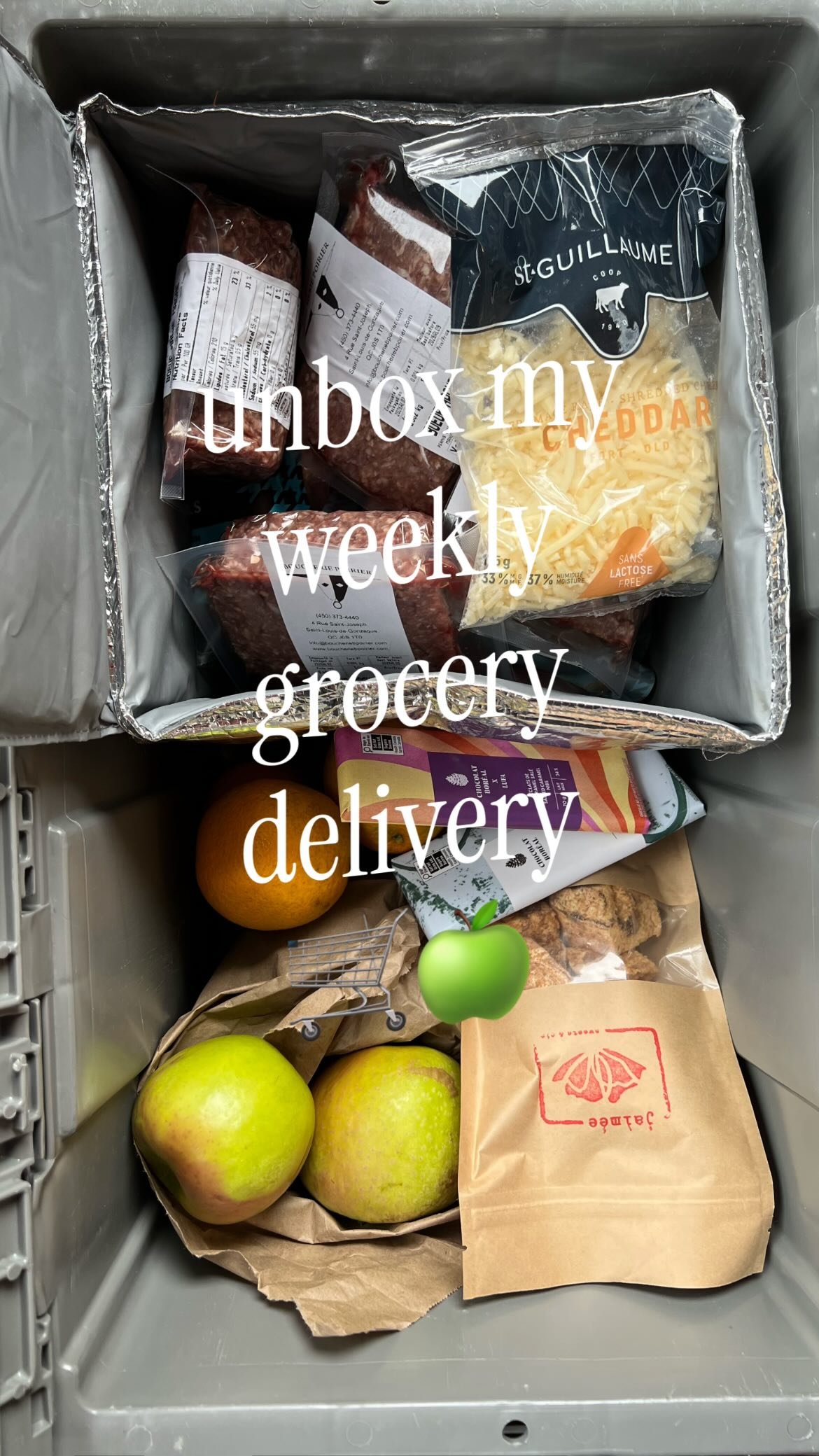 a peak at some of my weekly groceries from @lufafarms 🛒🍏 a big week for meat and cheese🍗🧀, not a big week for fruits and veggies🥒🥑 

honestly i think ive been doing surprisingly well w making all my dinners in the instant pot while my kitchen is under renovation (limited takeout🥡!!), but im getting kinda tired of it 🥲now that the floor is done we will hopefully move back the oven in soon 🤞becuz all i want is some crispy skin-on bone-in chicken thighs which i refuse to do instant pot loll. 

anyways use code 3x30ETR for 30% off your first 3 orders from lufa!!! 

#groceryhaul #groceries #kitchenreno