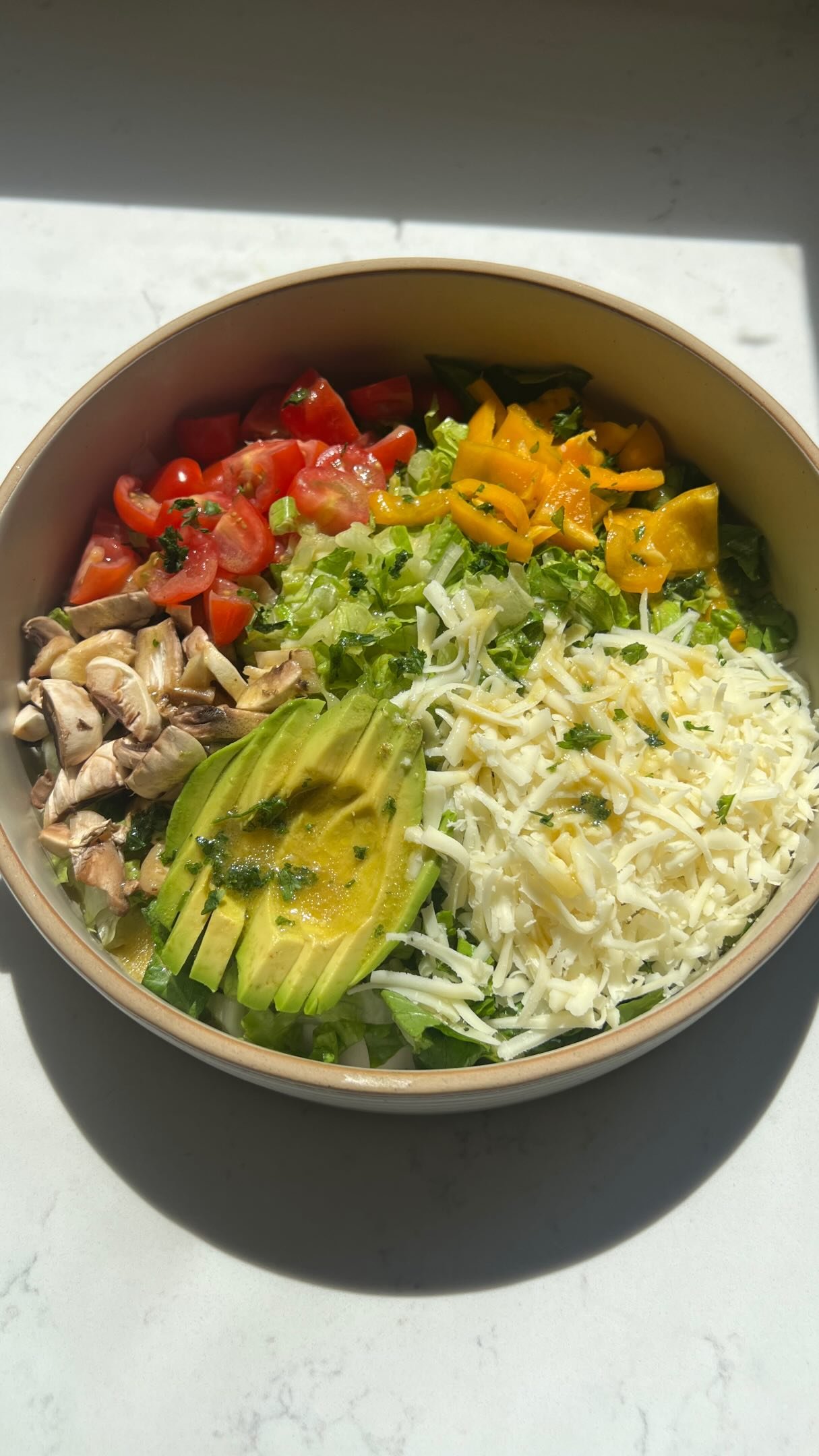 my daily salad ep 20 |

guys it’s episode 20 of my daily salad, by the time my kitchen is done being renovated we may or may not be at episode 40 😅🙃 jk (i hope). i was scrambling for salad ingredients for this one tbh so i decided to bust out the mozzarella and shred it up and honestly it was so good, i didn’t have any lemons for salad dressing so i did a creamy balsamic dijon that worked perfectly with the mozzarella, mushrooms, cherry tomato and pepper combo. my toddler even ate it (mostly the avocado though, i think she ate a whole half avocado on top of the one that was in the salad lol).

follow @earth.to.rose for more salad inspo!🥬🥬🥬