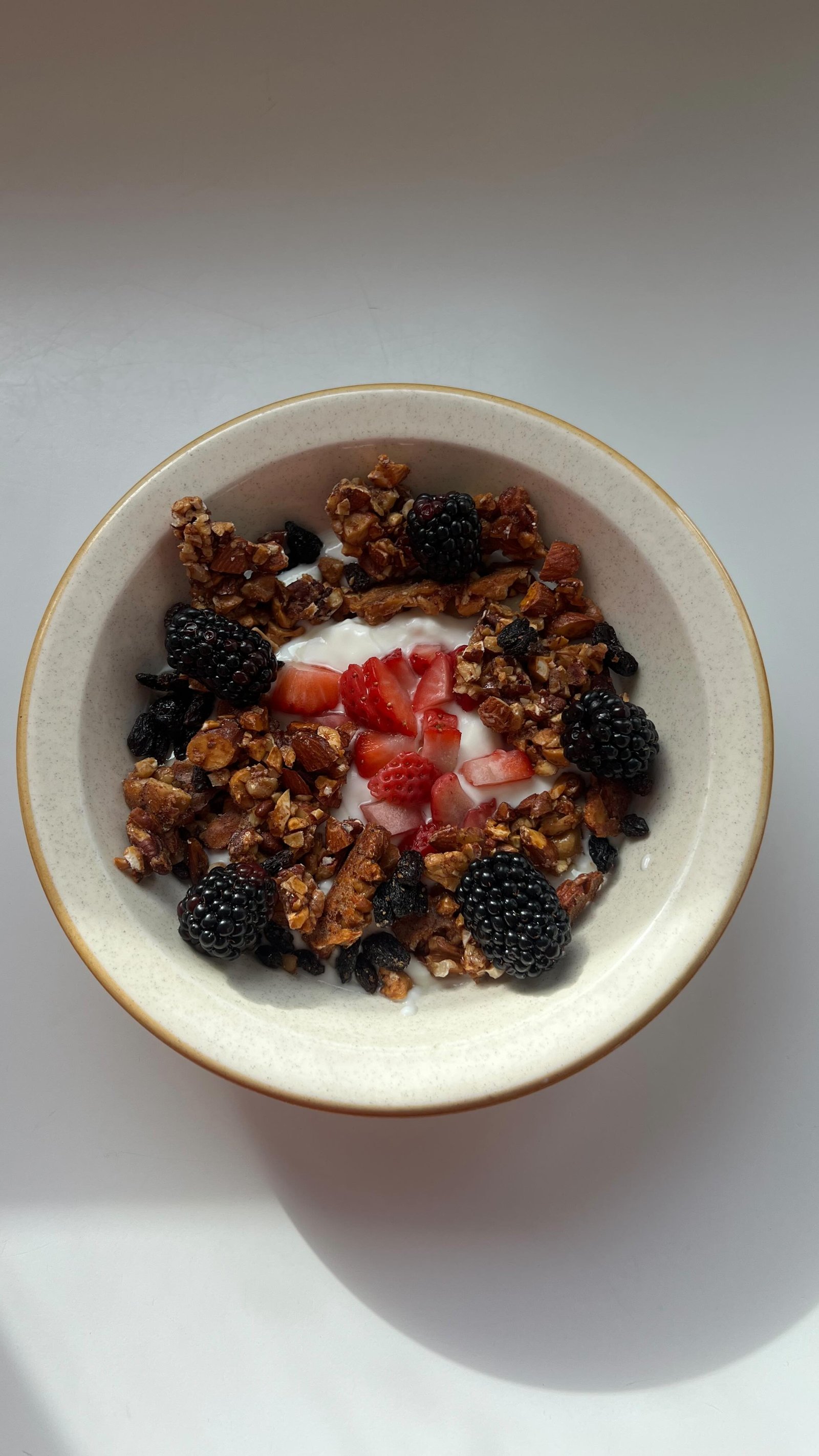 yogurt o’clock ⏰without trending audio ~ i think my yogurt bowl is an accidental series so hope yall enjoy me building another bowl 😌✨we love yogurt ✨💕 especially when it’s homemade yogurt, fresh fruit, homemade granola and a drizzle of honey 🍯if you want the grain free granola recipe for the granola in the bowl just comment “granola” below and ill send it over!