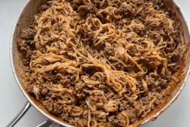 saucy coconut peanut beef and rice noodles