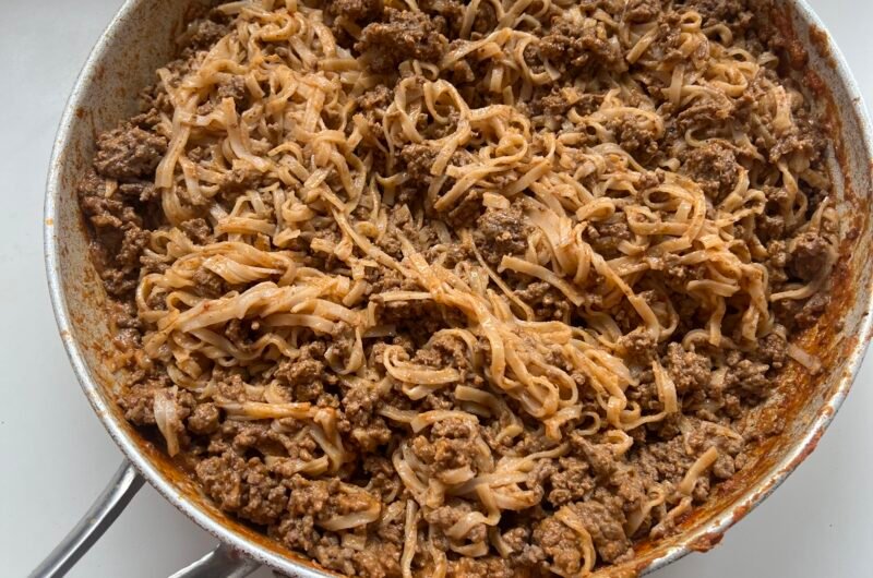 saucy coconut peanut beef and rice noodles