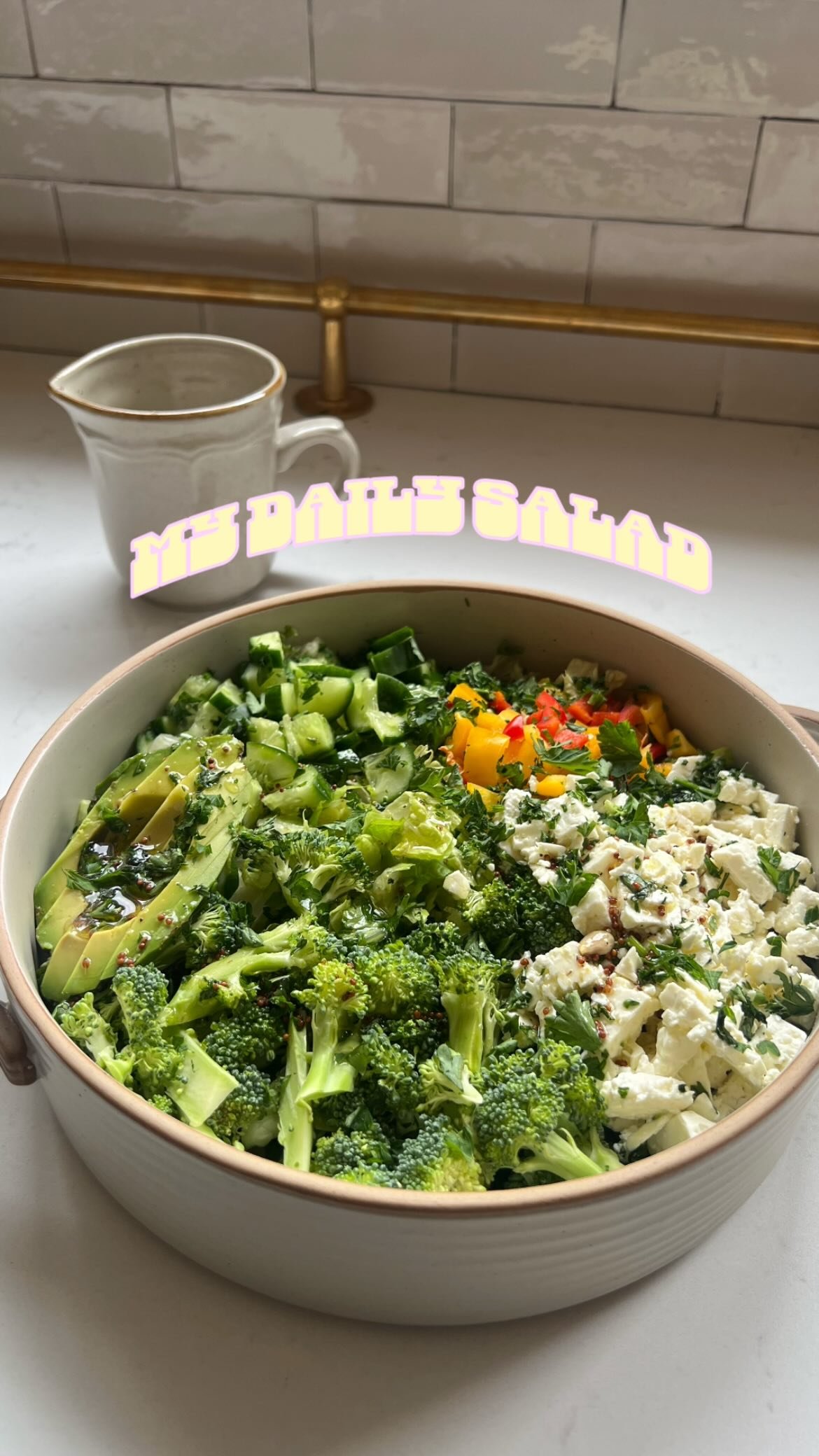 my daily salad ep. 29 |

welcome back to another episode of my daily salad!! 🥗 today we had a family-sized salad featuring chopped broccoli (broccoli is lowkey an underrated and under-utilized salad addition, especially if you chop it finely and then just have little bits of broccoli florets to give texture and nutrients 🤝 so good!), sweet mini peppers, cucumber, avocado, and of course, LOTS of feta and LOTS of finely chopped parsley for the flavaa. the homemade vinaigrette consisted of olive oil, red wine vinegar (usually i do acv! switch it up!), a spoon of fancy dijon from @maisonorphee, honey, and salt, pepper, dried oregano. DELISH. go make a salad! 

follow @earth.to.rose for more salad inspo!! 

salad inspo • big salad • healthy eating • salad ideas
